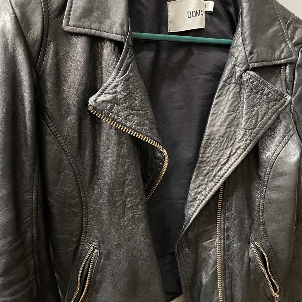 Doma leather motorcycle jacket. L fits more like M. Dark brown-black. Like new.